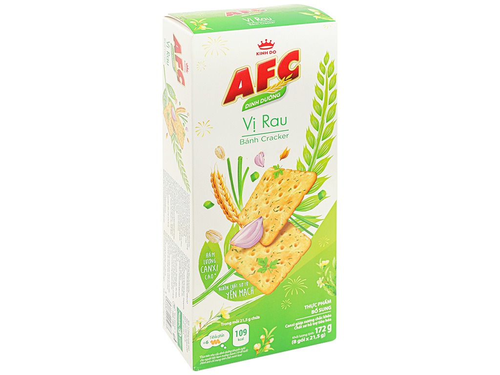 Bánh AFC vị rau là loại bánh quen thuộc được bày bán khắp các siêu thị, cửa hàng, đại lý